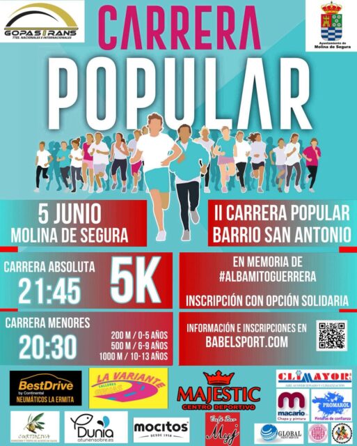 ¡Estamos muy felices de formar parte de la II Carrera Popular del Barrio San Antonio como patrocinadores! 🏃♀️✨
Una cita solidaria, deportiva y llena de buen ambiente que no te puedes perder.🎗️
🗓️ Nos vemos el 5 de junio en Molina de Segura
📍 Carrera de 5K + pruebas infantiles
🔗 Inscripciones en Babelsport.com
💪🏻 Apoyamos el deporte local y las causas que nos unen.
#carrerapopular #molinadesegura #deporte #5K #apoyo #patrocinadoroficial