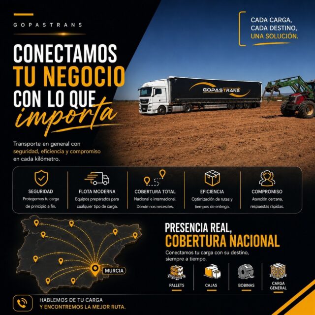 En GOPASTRANS llevamos años recorriendo carreteras con la misma filosofía: trabajo serio, trato cercano y compromiso con cada cliente.
Porque el transporte no va solo de mover mercancías. Va de cumplir.
Cada carga. Cada destino. Una solución.